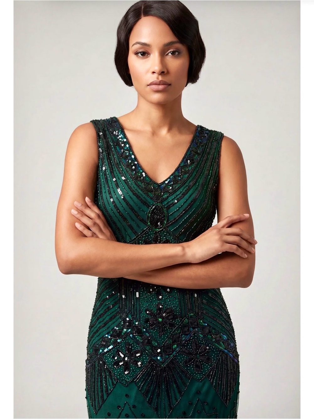Women’s Green Beaded Sequin Fringe Sleeveless Vintage Inspired Dress Size L NWOT - Picture 2 of 13